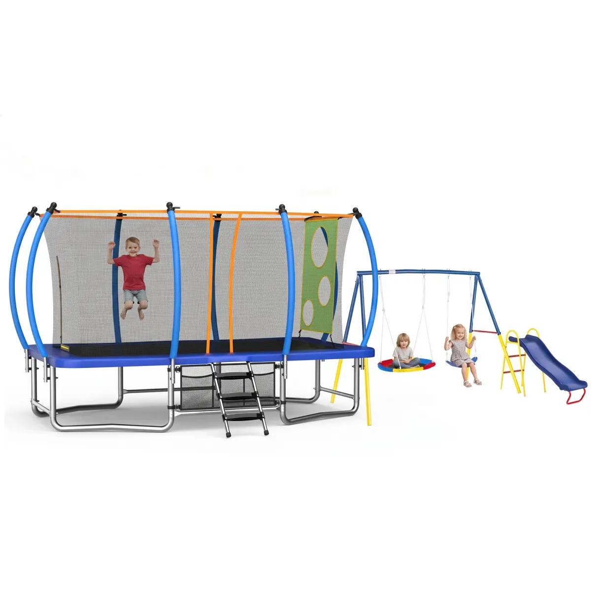 Aobtkel8X14FT Outdoor Square Rectangular Trampoline for Kids Adults Tumbling Trampoline, 3 in 1 Heavy-Duty Metal Backyard Playset with Swing Set and Kids Slide