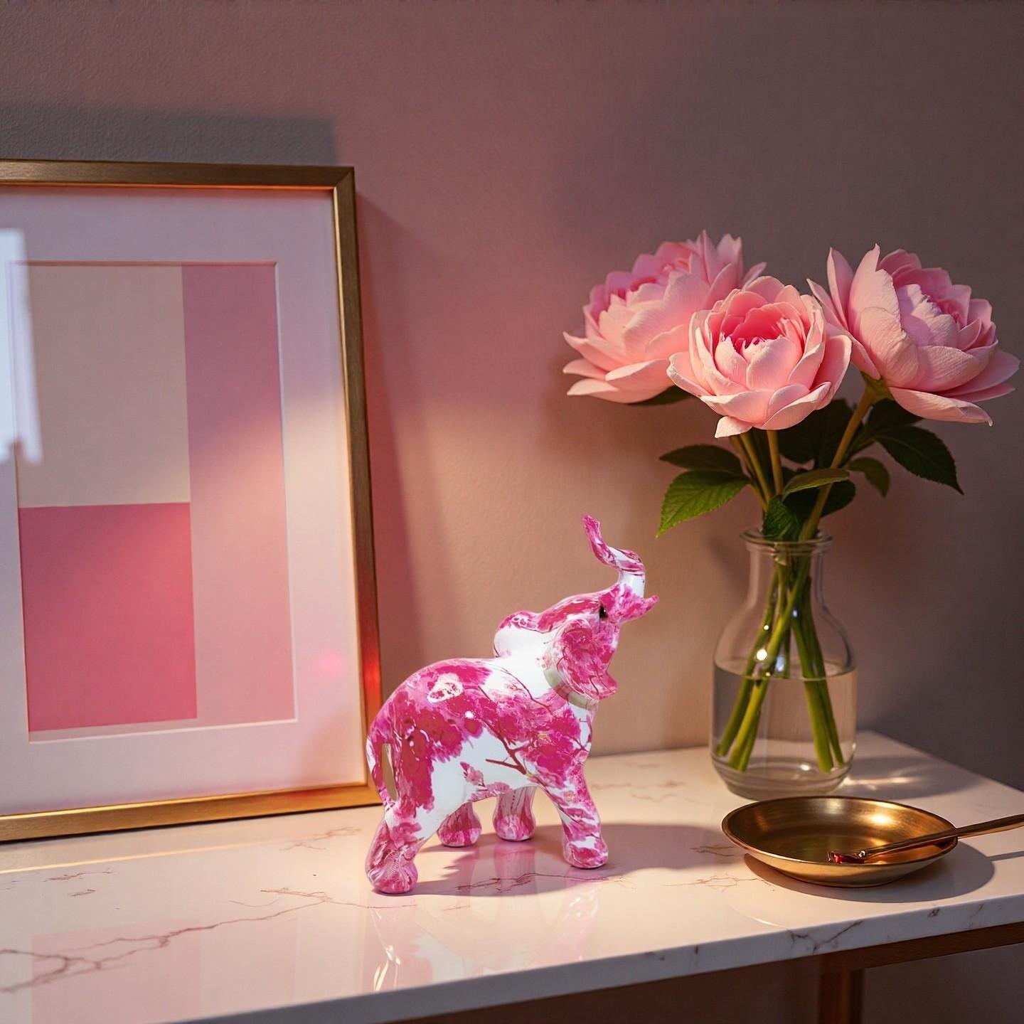 Nordic Style Rose Ink Art Elephant Resin Figurine, Modern Luxurious Home Decor Office Desktop Ornament, New House Personal Gift