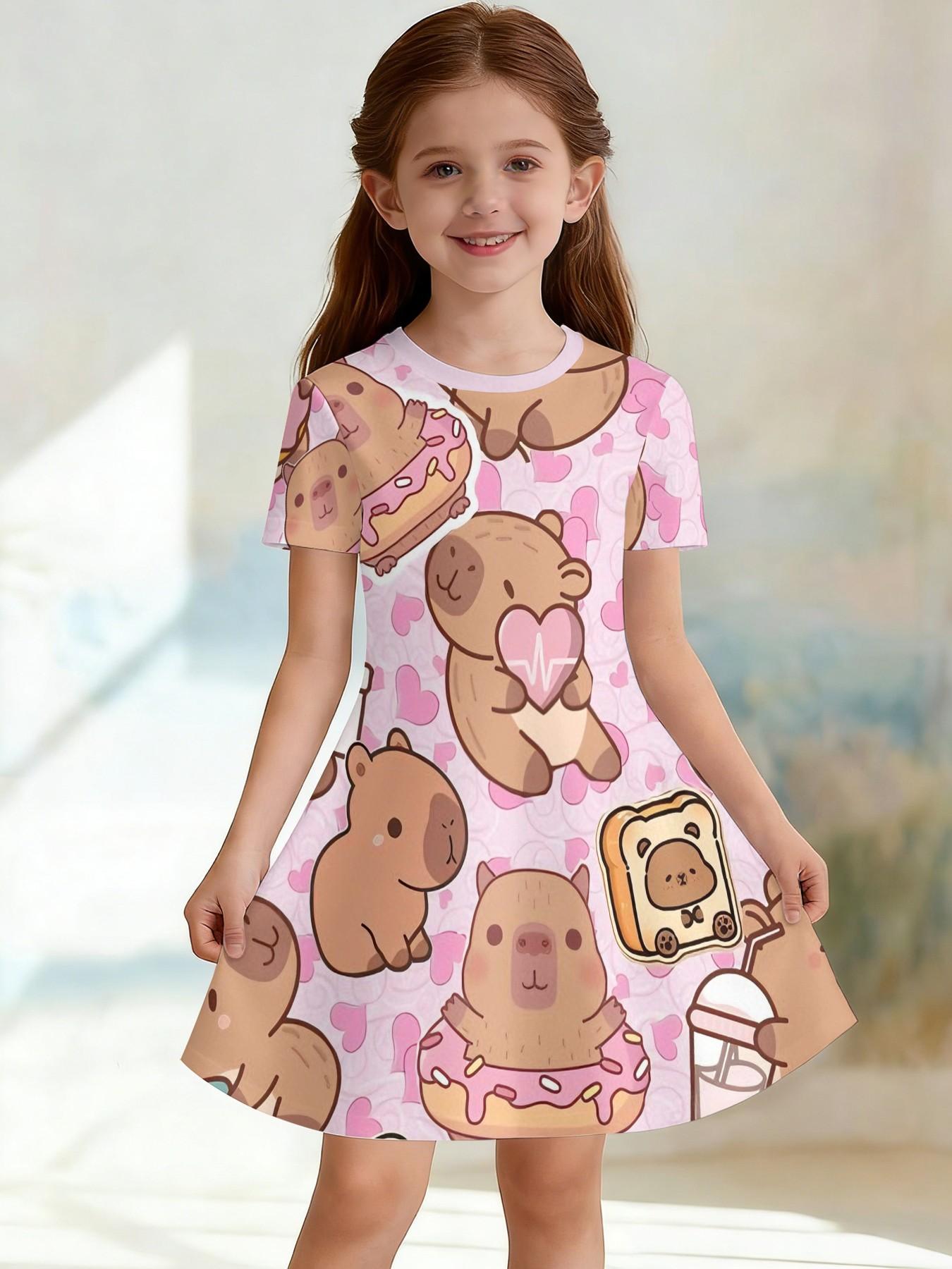 Trendy Girls' Watermelon Food Full Print A-Line Dress, Cute Cartoon Short Sleeve Skirt, Fashion Outdoor Wear, Birthday Gift, Holiday Gift