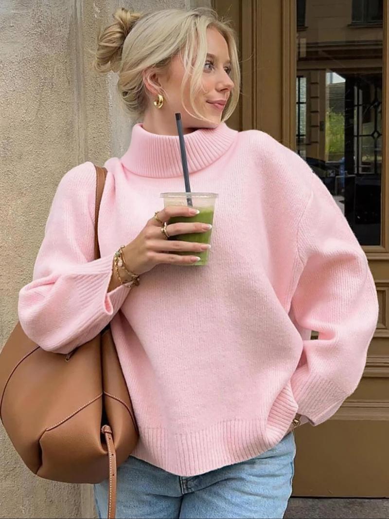 Solid Color Casual High Neck Long Sleeve Sweater, Thin Fabric Fitted Style for Fall & Winter, Comfortable Women's Knitwear, Knitted Clothes