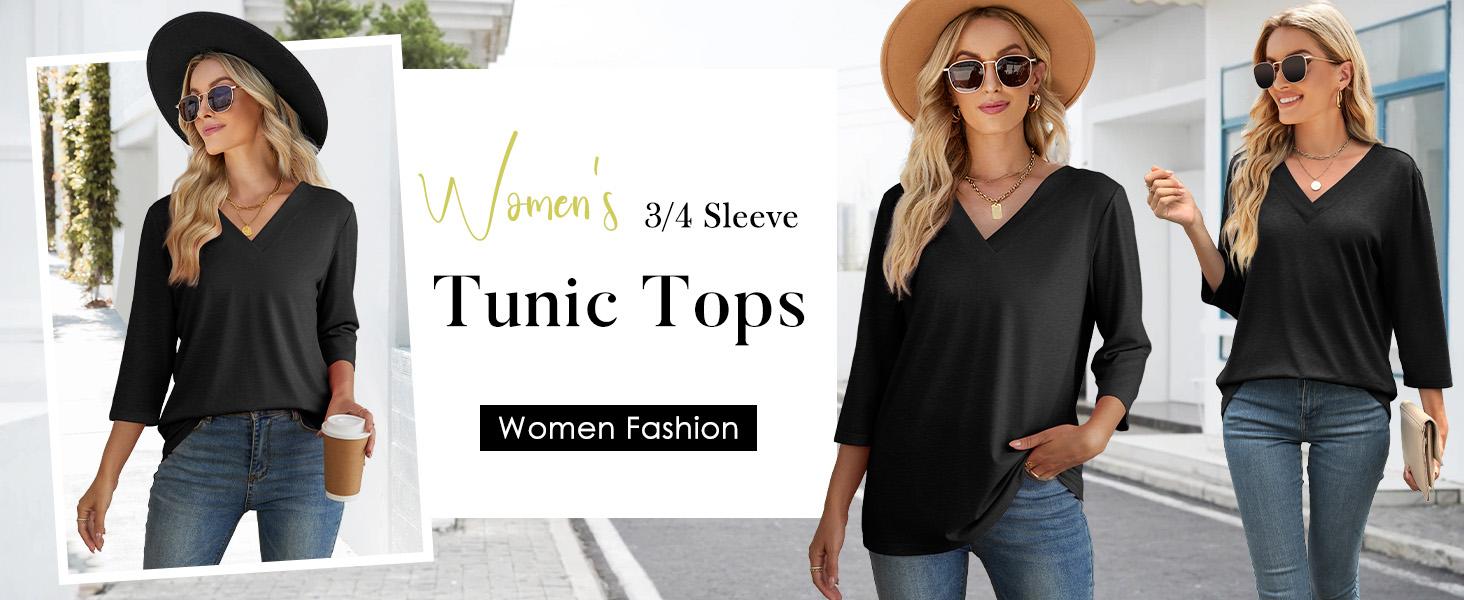 WIHOLL 3/4 Length Sleeve Womens Tops V Neck Casual Tunic Tops Basic Shirts Loose Fit Blouse