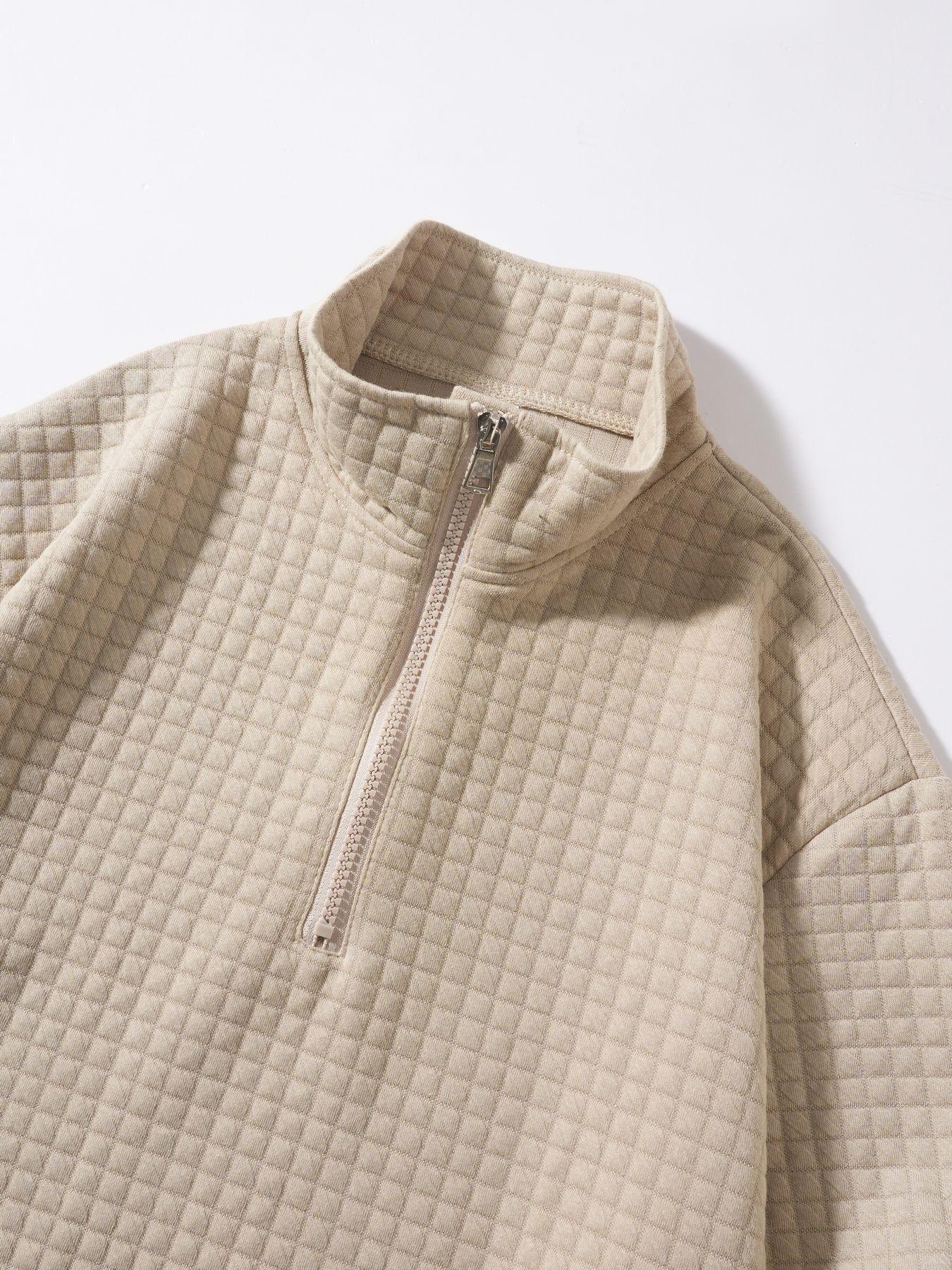 Men's Quilted Quarter Zip Sweatshirt, Waffle Grid Texture Pullover with Stand Collar & Kangaroo Pocket, Casual Loose Fit Top for Streetwear, Daily Wear and Fall Winter