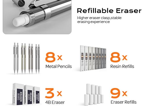Nicpro 8Pack Metal Mechanical Pencils Set with 0.5mm & 0.7mm Pencils HB Lead Refills 3Packs of 4B Erasers & 9Packs of Eraser Refills Includes Case, Office Supplies, Writing Tools, Stationery