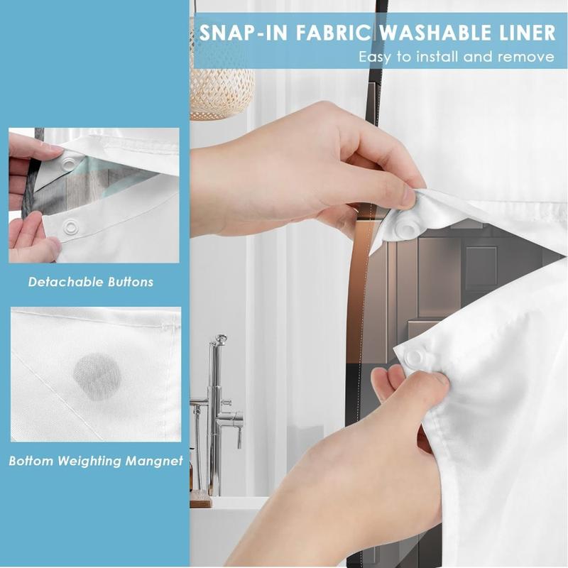 1pc hookless shower curtain with buckle lining, brown and black geometric square patchwork design, 2D flat printing, fabric waterproof lining, see-through double-layer shower curtain, 71 x 74 inches, modern home draping curtain.