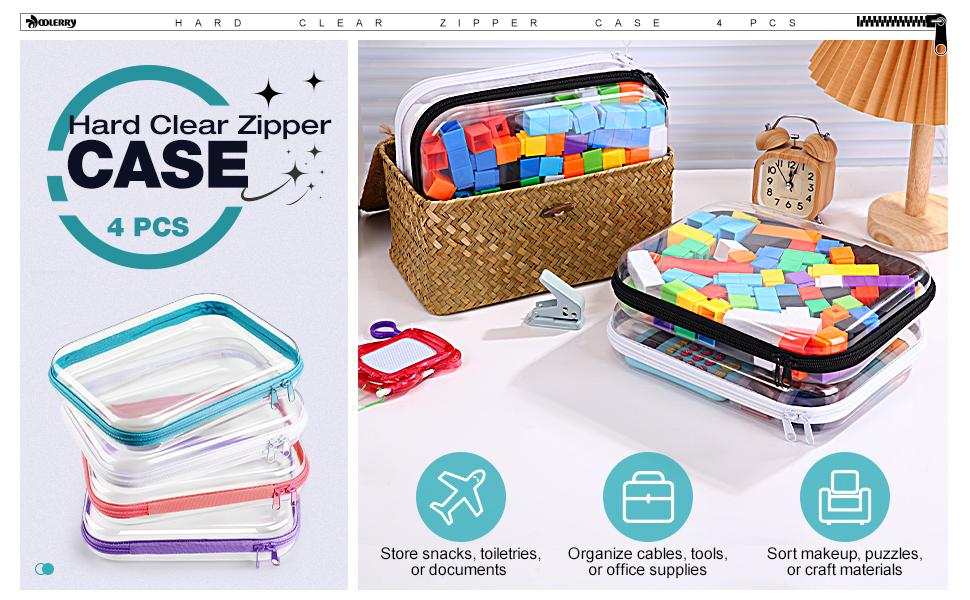 4 Pcs Hard Clear Zipper Case Makeup Bags Plastic Zipper Pouch Transparent Storage Box Containers for Cosmetics, Snacks, Building Blocks, Puzzles(Clear,5 x 3 x 2 in,Multicolor)