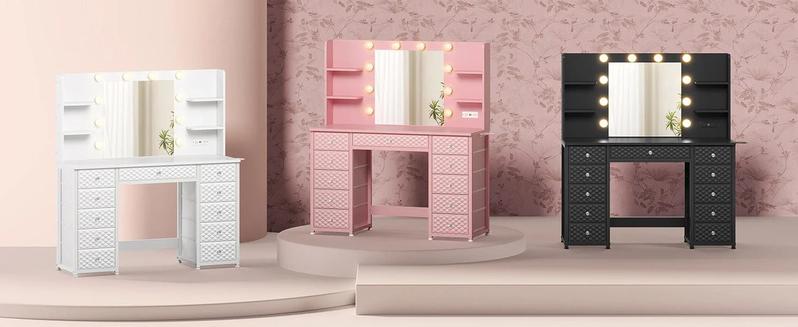 Sikaic Makeup Vanity with 11 Drawers and 6 Open Shelves Modern Dressing Table with 3 Color Modes Lights, Power Strip and Storage