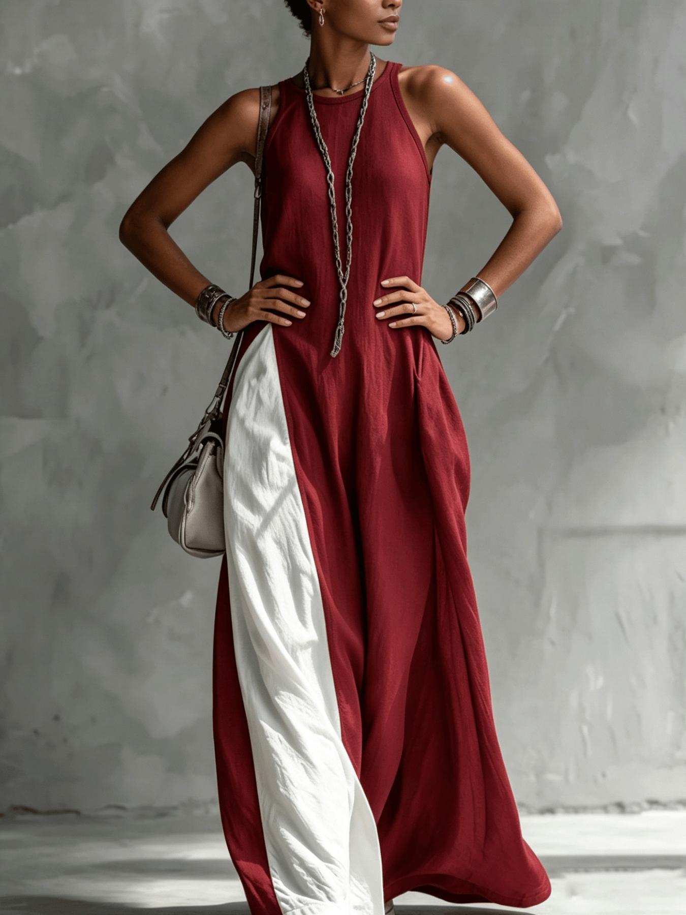 A women's color-blocking dress, Casual Beach Dress, Beach Resort Wear, with sleeveless vest, draping and flesh-concealing long skirt, suitable for summer, beach vacation, exploring shops, attending exhibitions, dating, and enjoying afternoon tea
