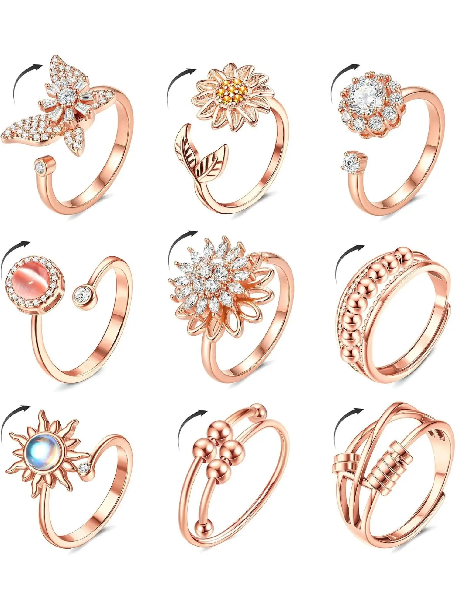 14K Gold Plated Adjustable Open Fidget Ring for Women, CZ Butterfly Sunflower Spinner Bead Anxiety Ring, Stress Relief Rotating Meditation Jewelry