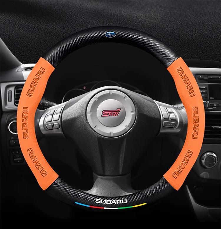 Suede Carbon Fiber Steering Wheel Cover - Anti-Slip, Ventilated, Vehicle-Specific Fit for Subaru STI, Brz, Wrx, Xv, Ascent, Forester, Outback, Impreza, Legacy (Model & Toy Vehicles Accessory)