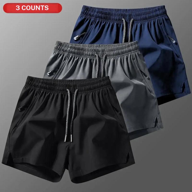 3PCS Men's Plain Fashion Sports Shorts with Drawstring and Zipper Pockets, Suitable for Summer Training, Daily Wear, Elastic Drawstring Waistband with Zipper Pockets, Lightweight and Breathable Summer Workout Pants for Outdoor Activities and Casual Wear
