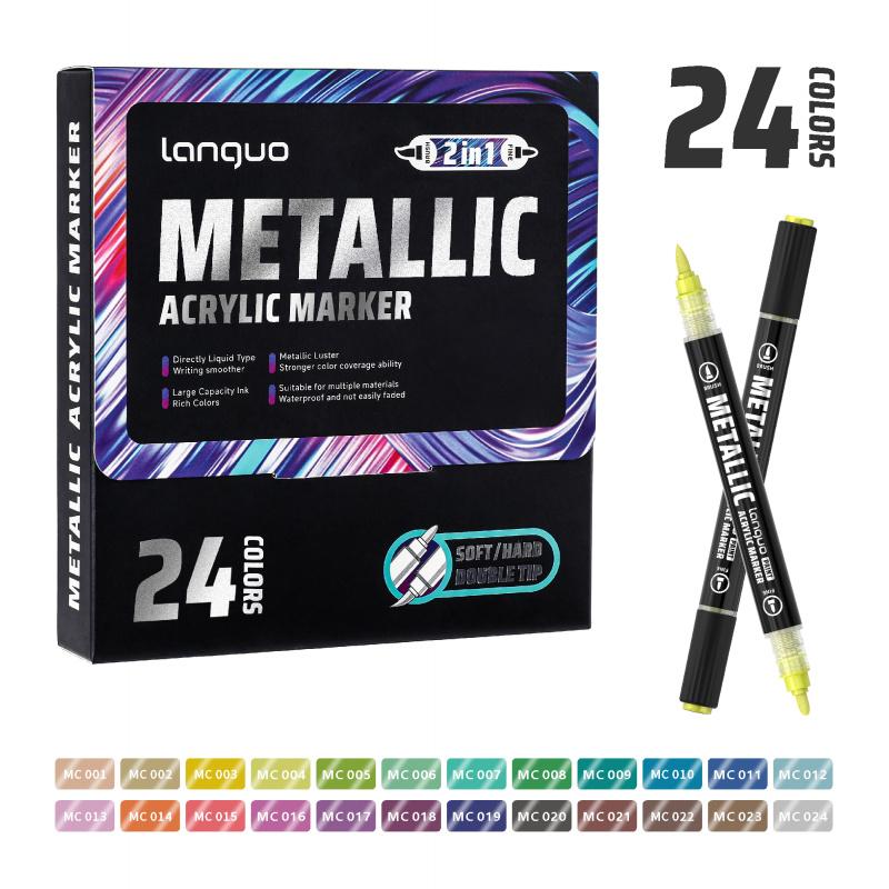 Acrylic Paint Metallic Markers, Automatic ink control Dual Tip (Brush & Fine)for Black Paper & Rock Painting Metallic Acrylic Paint Markers for DIY Crafts, Scrapbooking, Glass, Wood, Drawing Markers