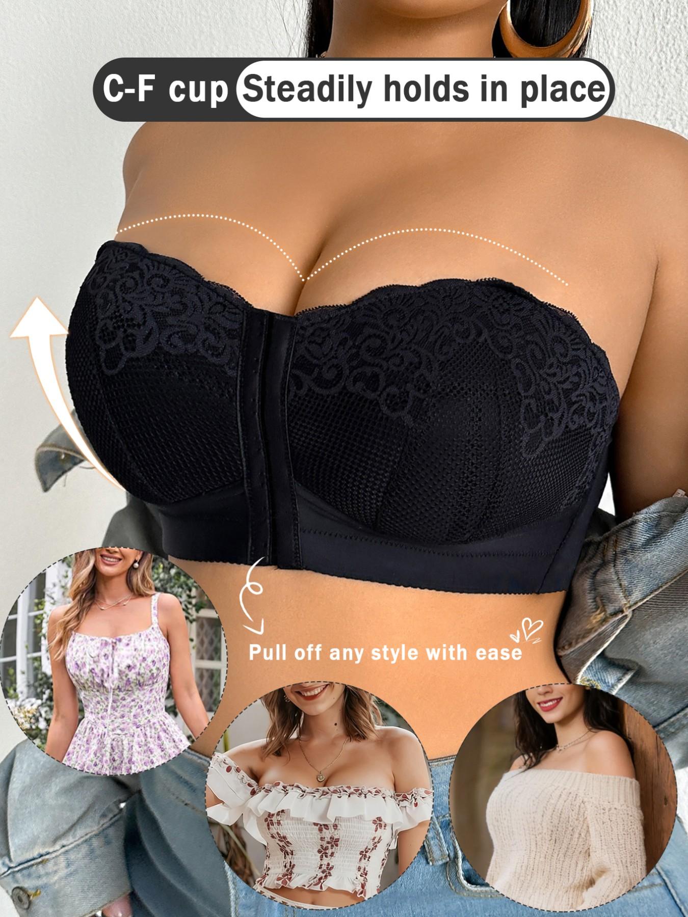 Plus-Size Women's Strapless Front-Closure Bra: Full-coverage, wire-free design offers comfort without pressure features detachable straps and is ideal for everyday wear.