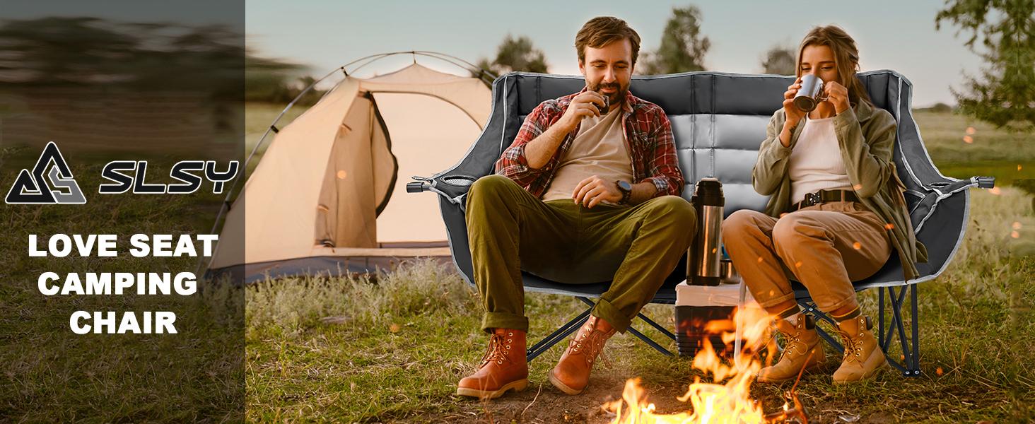 SLSY Oversized Double Camping Chair, Folding 2 Person Camping Chair Loveseat, Fully Padded Duo Chair Camping Couch, Fold Up Double Camp Chair, Lawn Chairs, Camping Bench with Carrying Bag