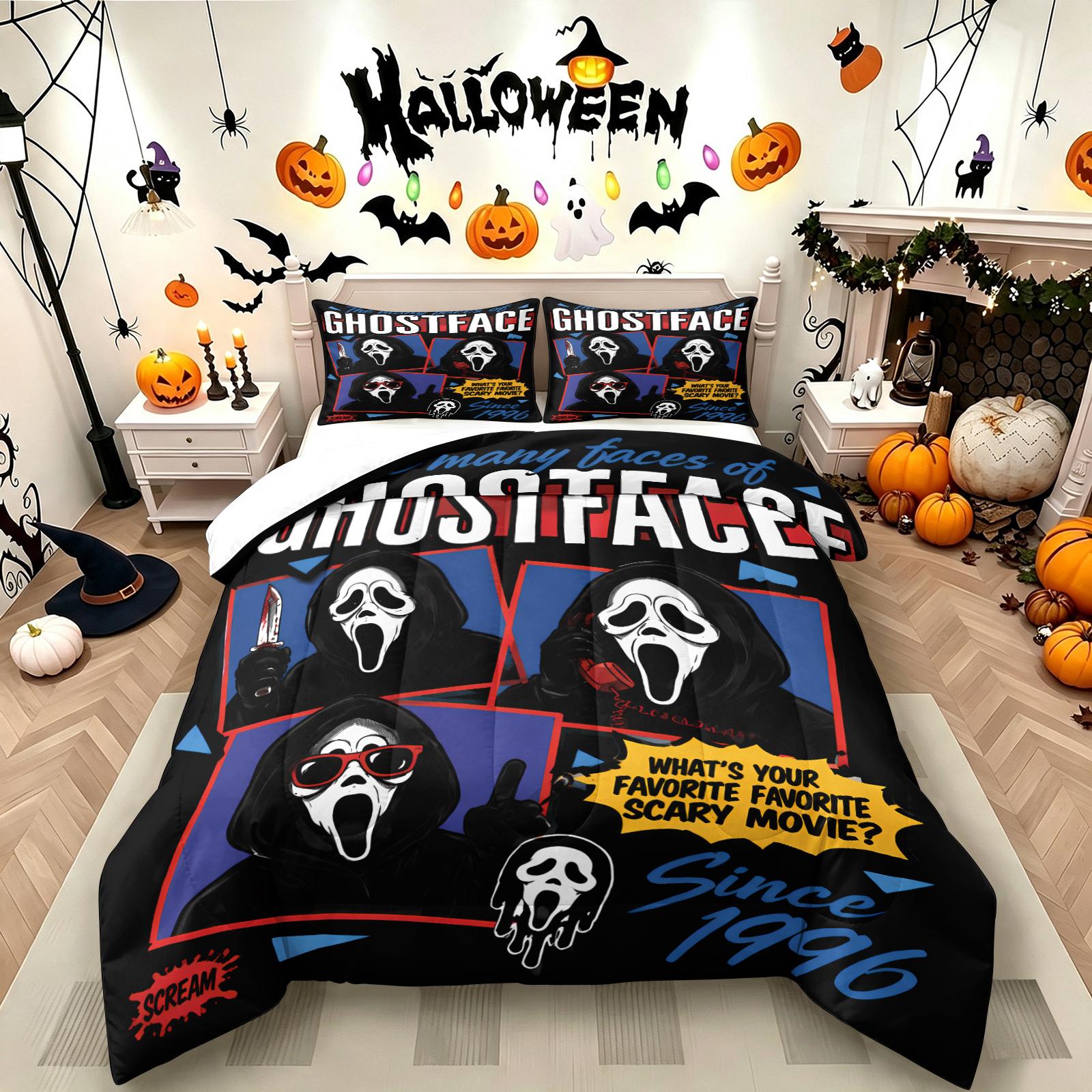 Color-Block Plaid Chibi Hugging a Teddy Bear, Pulling a Suitcase and Playing Phone Ghostface Print Comforter Set & 1-2 Pillowcases, Comfortable Easy Care Bedding, Halloween or Movie Fans Bedroom Dorm Decor