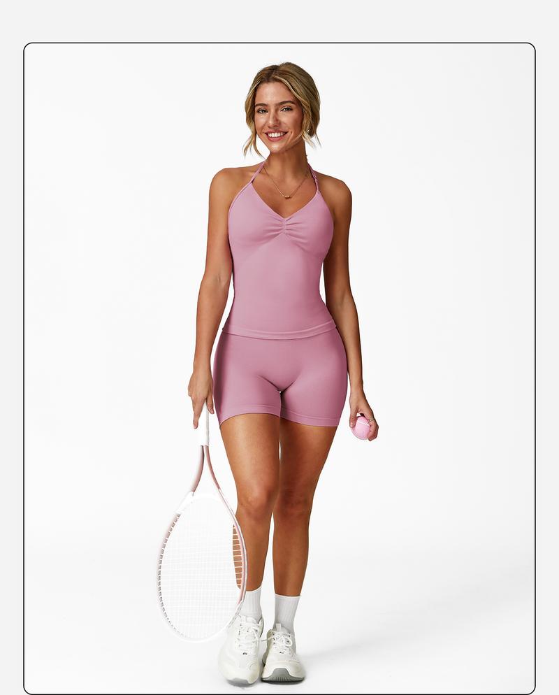 Women's Solid Color Crop Cami Top & High Waist Skinny Shorts Sportswear Set, High Stretch Casual Comfortable Breathable Backless Sleeveless Top & Gym Shorts for Yoga Gym Workout Running, Ladies Sportswear for All Seasons, Tennis Attire, Athletic Tracksuit