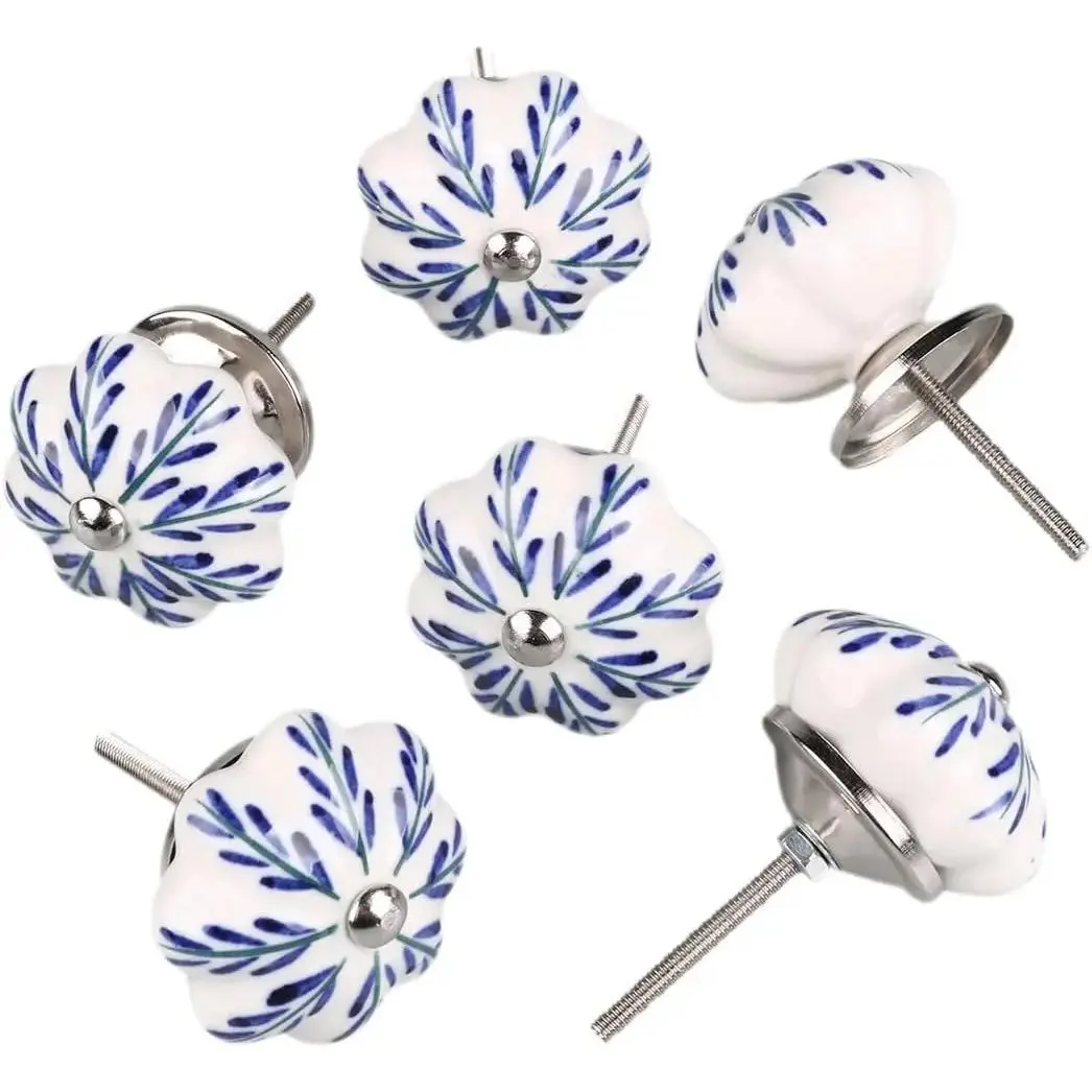 6 Pieces Vintage Shabby Knobs White and Blue Floral Hand Painted Ceramic Pumpkin Cupboard Wardrobe Cabinet Drawer Door Handles Pulls Knob, Pachira Macrocarpa