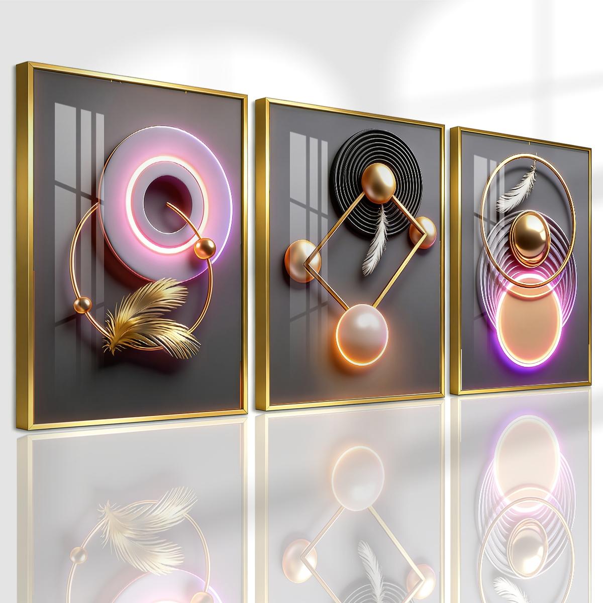 3 Counts Aluminum Alloy Framed Painting, Modern Geometric Feather Art Pictures, Home Decoration For Living Room, Bedroom, Office, Restaurant, Hallway Wall Decor, Odorless Print Artwork, Luxury Perfect Gift For Friends And Family