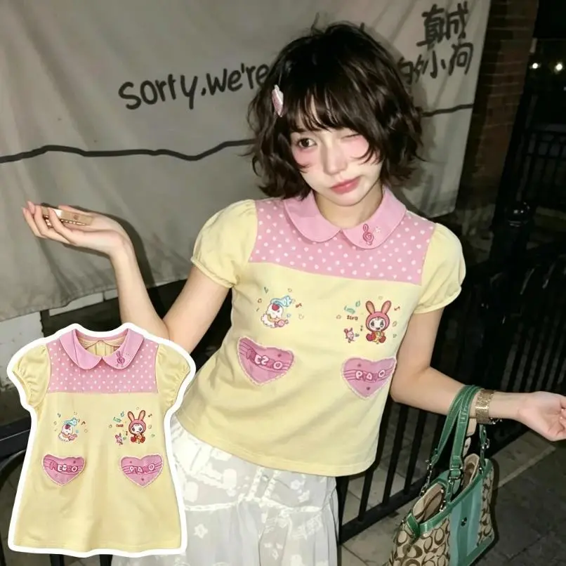 Sweet Cartoon Bubble Print Crop Top Pleated Skirt Two Piece Outfit Y2K Kawaii Girls Casual Daily Suit
