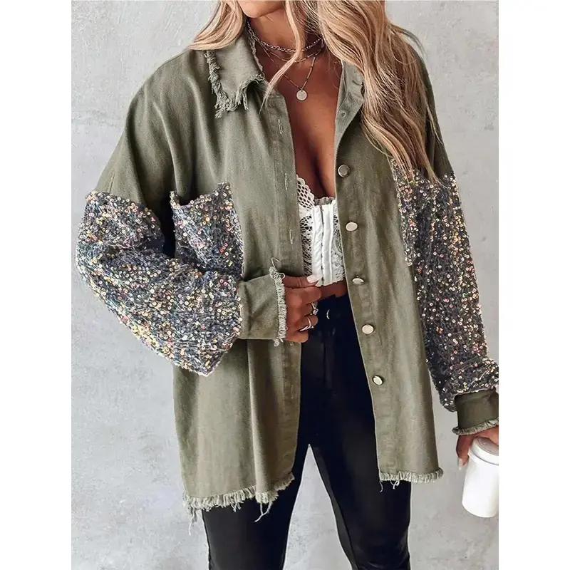 Women's Patchwork Colorful Sequins Lantern Sleeve Shirt Jacket, Casual Cool Style, Fashion Jacket, Perfect for Daily Wear, Parties
