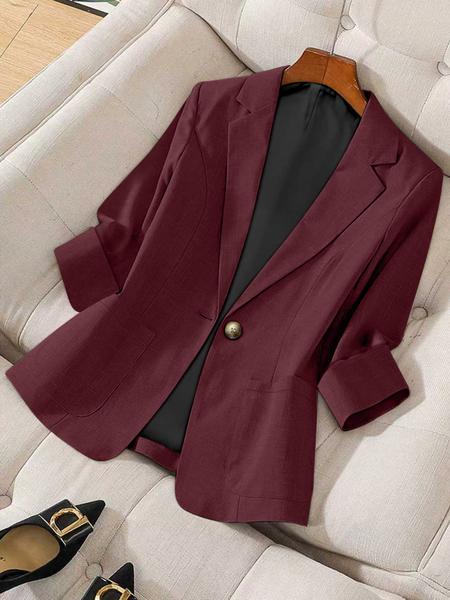 Women's Solid Color Button Front Blazer Coat, Casual Long Sleeve Outerwear for Work Office Business, Ladies Spring & Fall Woven Clothes, Fitted Womenswear