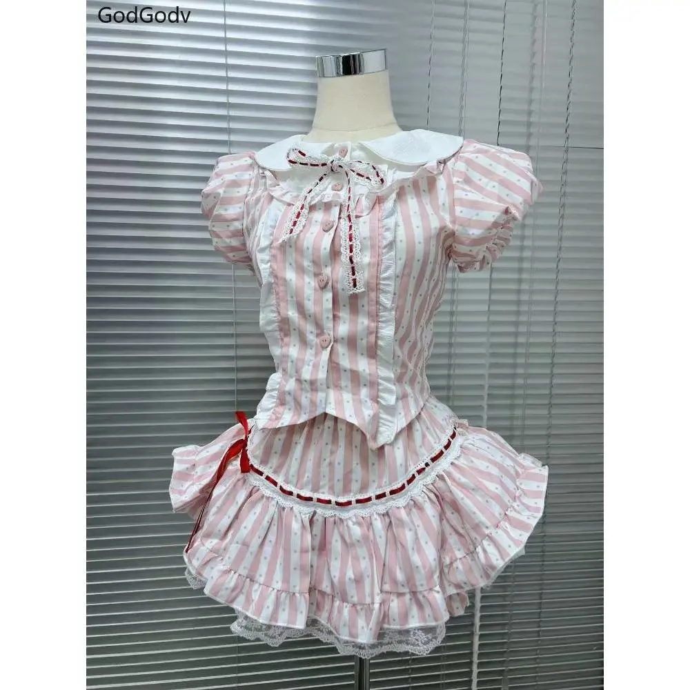 Japanese Kawaii Lolita Elegant 2 Piece Sets Women Pink Y2k Bow Design Mini Skirt Suit Female Princess Sweet Chic Outfits Summer
