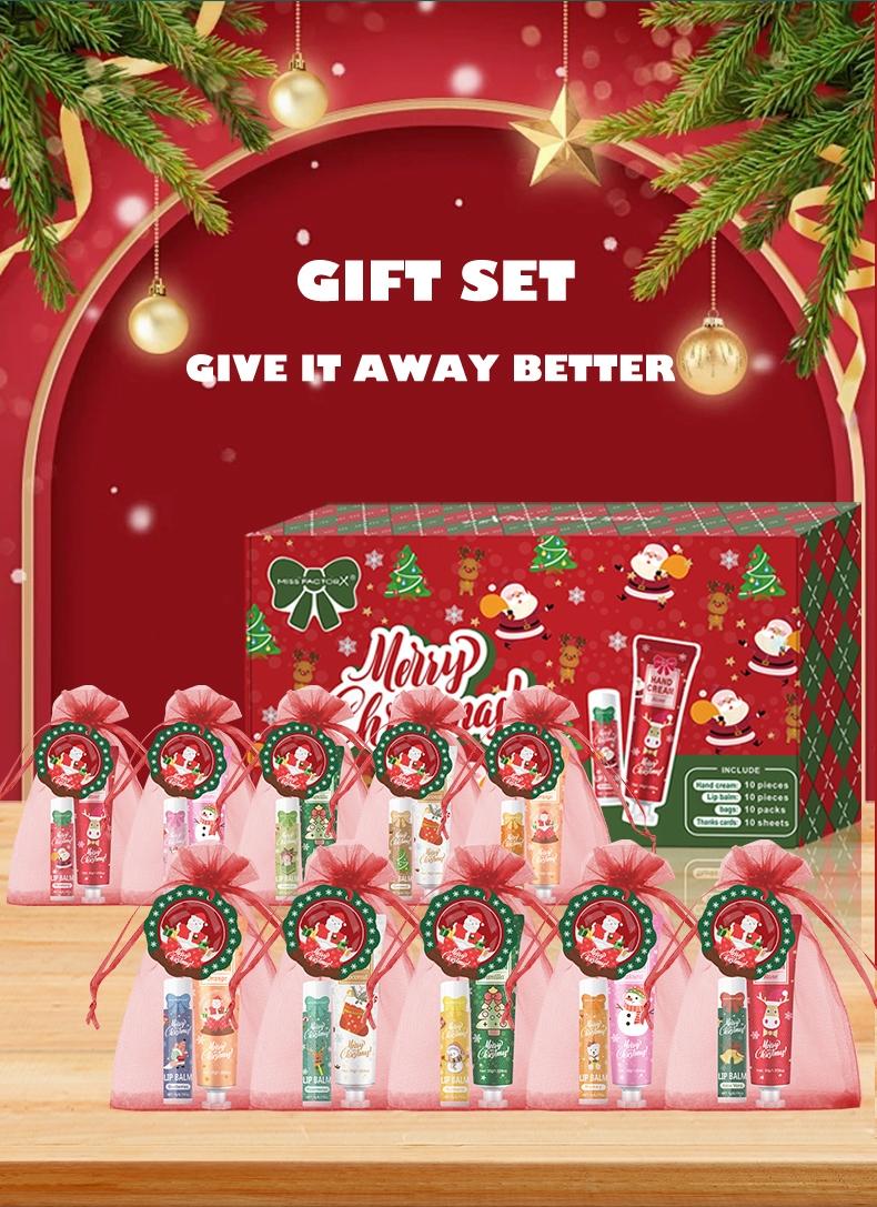 Christmas Gift Set, Beautiful Gift Box, Hand Cream & Lip Balm Kit with Santa Card & Bag, Party Favors, Women's Christmas Present, 10 Sets Per Box