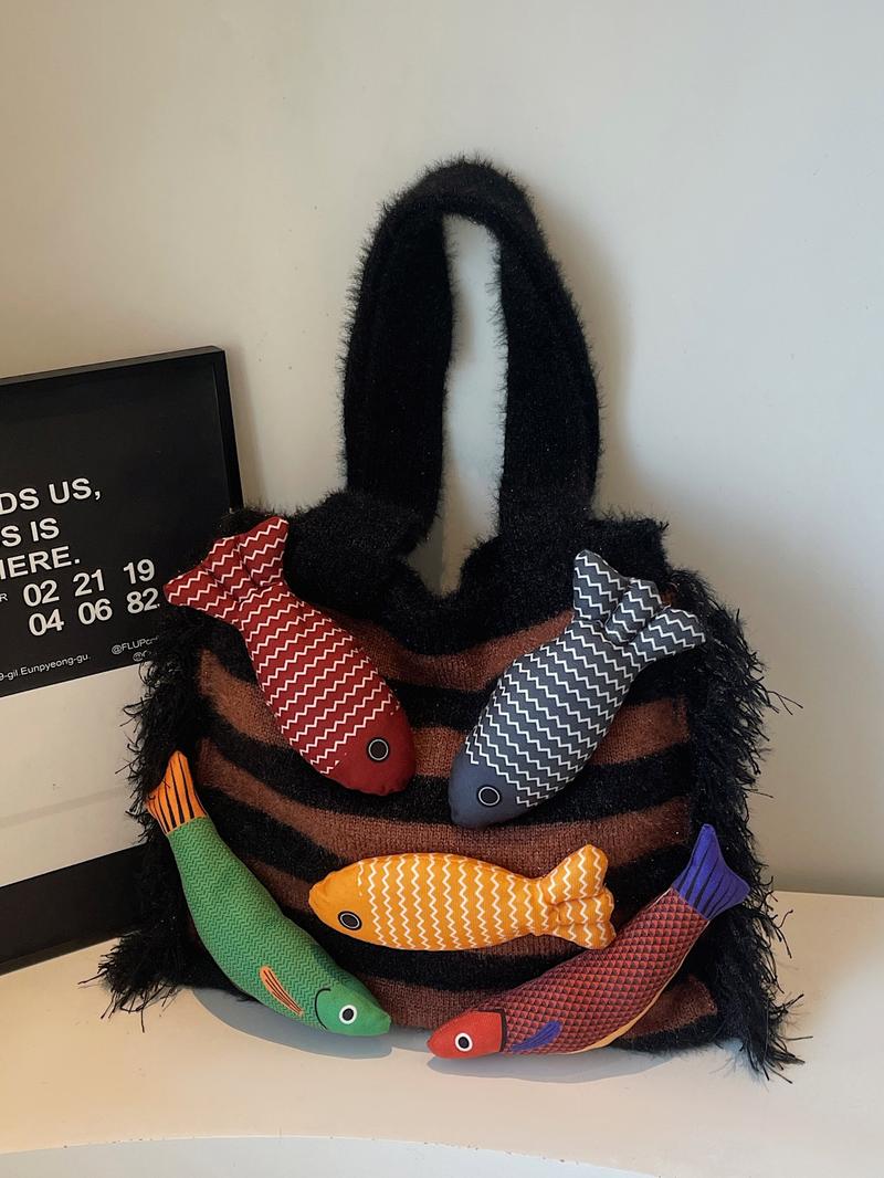 Stylish Rainbow Color Women's Knitted Bag with Colorful Fish Pattern, Versatile Shoulder Bag for Work, Shopping, Outings and Daily Use