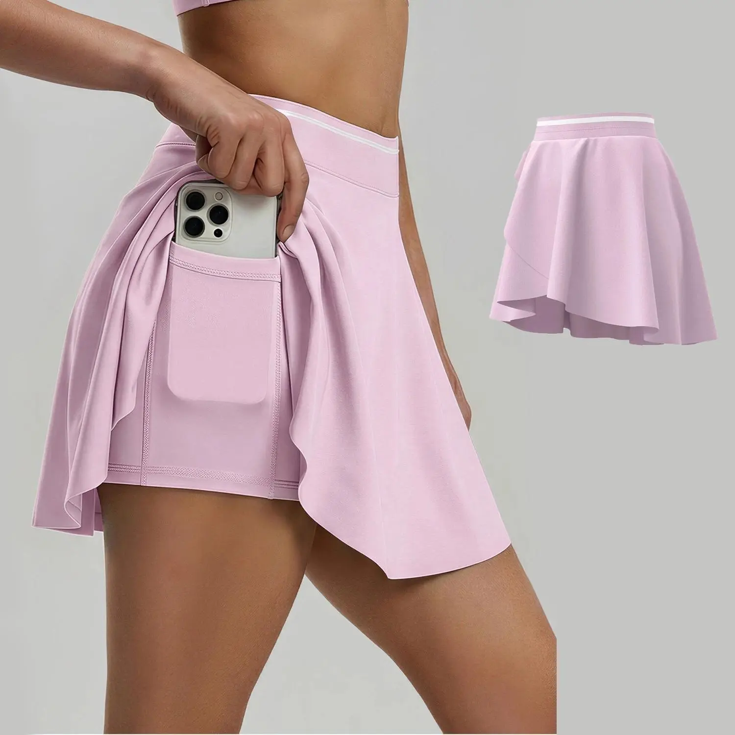 Women's Modest Workout Shorts Yoga Skort with Pockets, Two-Piece-Style Tennis Skirt Layered Hem Fitness and Running Shorts White