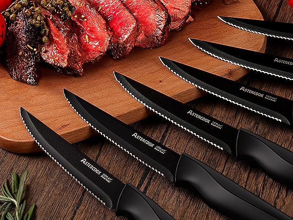 Astercook 15-Piece Knife Set with Built-in Sharpener, Stainless Steel, Dishwasher Safe, PP Handles, Hardwood Finish for Chopping and Dicing - Cutting Kitchen Kitchenware Modern Block Steak German