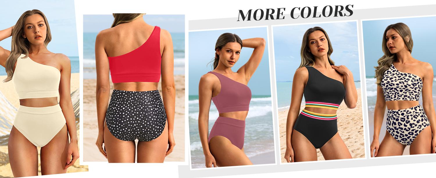 Holipick Women One Shoulder High Waisted Bikini Sets Two Piece Swimsuit Tummy Control Bathing Suit Full Coverage Swimwear
