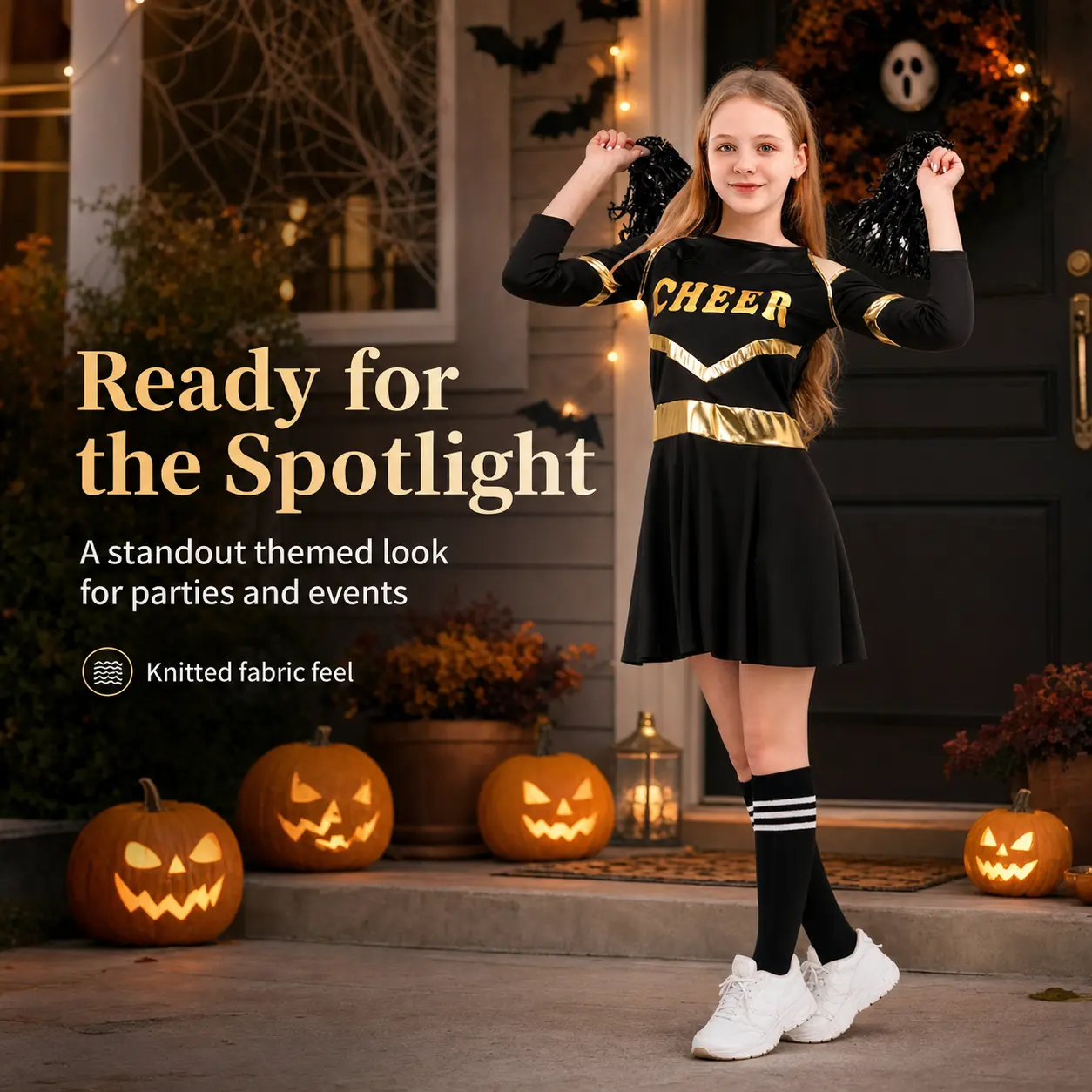 Girls Cheerleader Costume Black Gold Long Sleeve Cheer Uniform Set with Pom Poms Socks Bow Kids Halloween Cosplay Outfit School Competition Stage Performance Dress