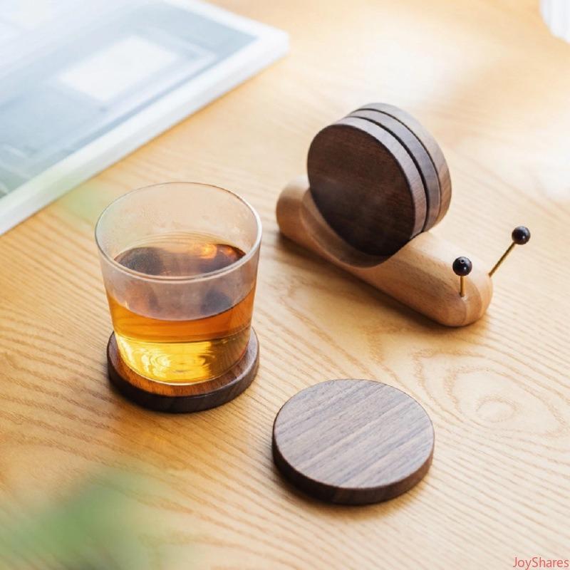 5pcsCreative Snail Shaped Coaster Set, Made Of North American Black Walnut Wood, Heat Resistant Wooden Drink Mats With Exquisite Cute Design For Coffee Table Indoor Household Daily Drink Placement