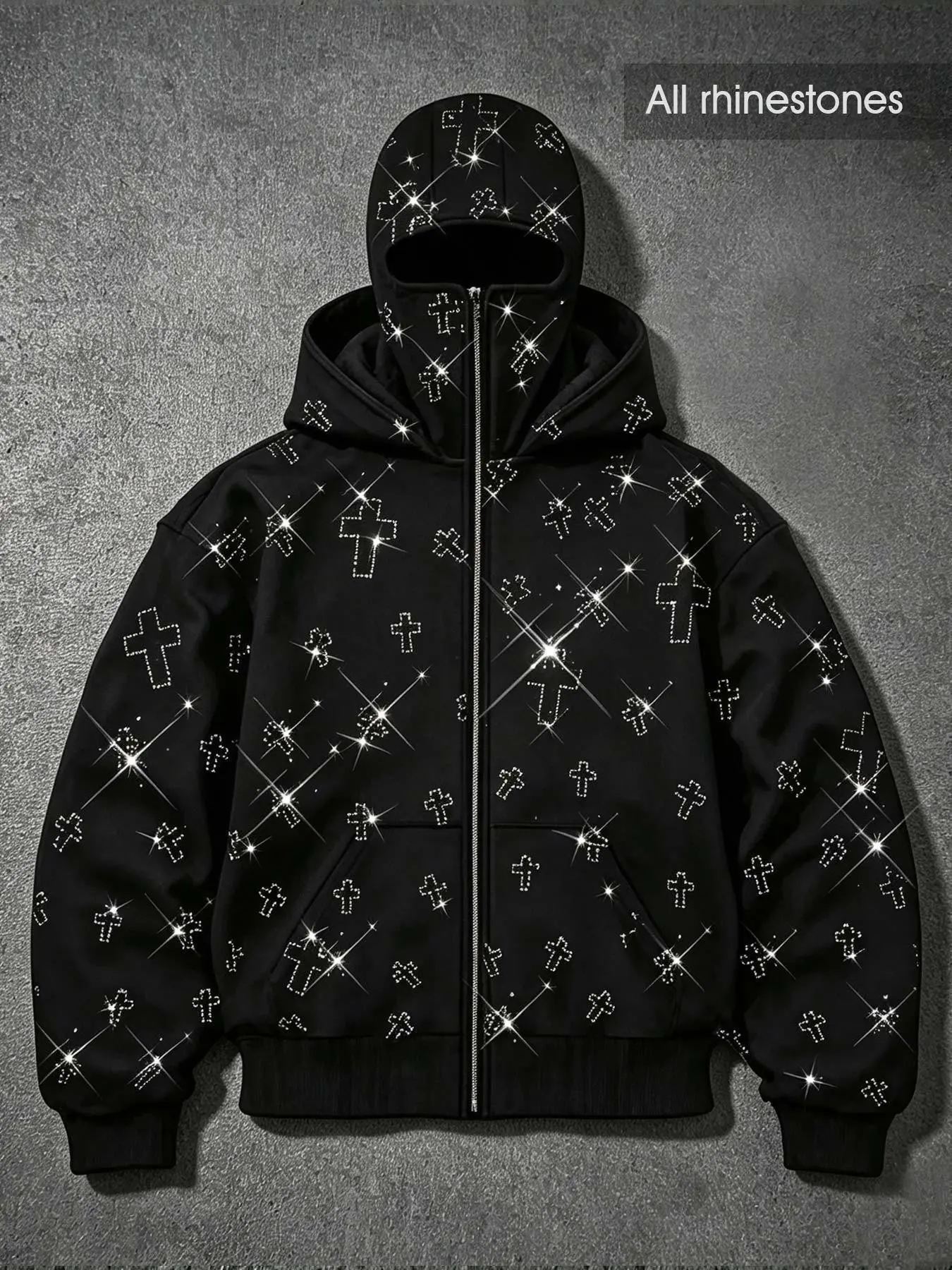 American High-Street Rhinestone-Studded Cross Balaclava Zip-Up Hoodie; Double-Layer Integrated Hood Design; Oversized Drop-Shoulder Fit; Y2K Dark Hip-Hop Style; Unisex Trendy Outerwear.