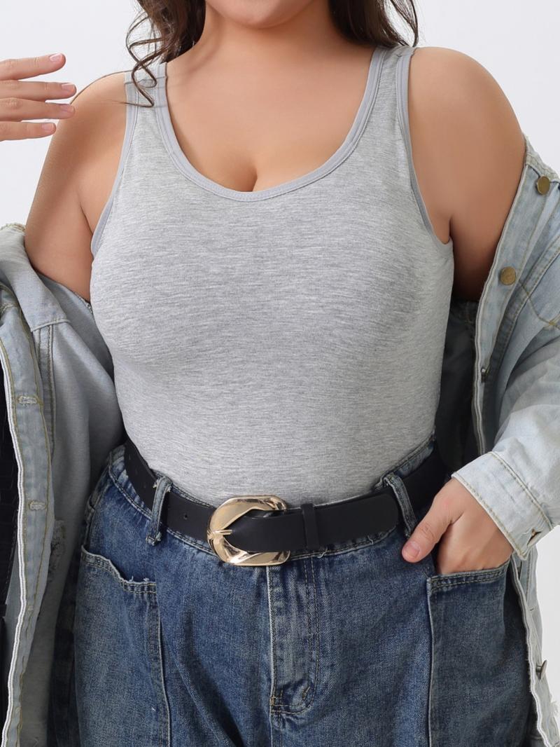 【Plus Size】 Solid Color Wireless Tanks, Soft Comfortable Breathable Tanks with Built in Bra, Women's Underwear for Daily Wear