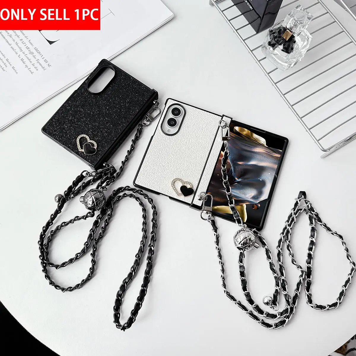 PU leather glitter heart phone case with hinge protection, featuring an adjustable-length crossbody strap and a hard PC back panel for added protection, compatible for Samsung Galaxy Z Fold 8