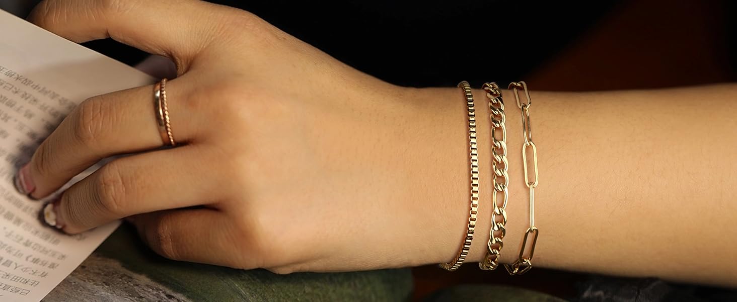 Gold Bracelets for Women Waterproof 14K Gold Plated Bracelet Stack Set Non Tarnish Trendy Thin Dainty Stackable Cuban Link Paperclip Chain Bracelet Pack Fashion Cute Jewelry Set
