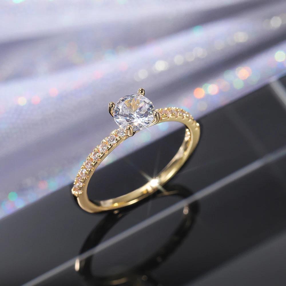 Huitan Women's Luxury Brass Base Thin Band Engagement Ring - Round Brilliant Zirconia, Luxury Look Costume Jewelry, Size-Adjustable, Sweat-Resistant, Drop Ship