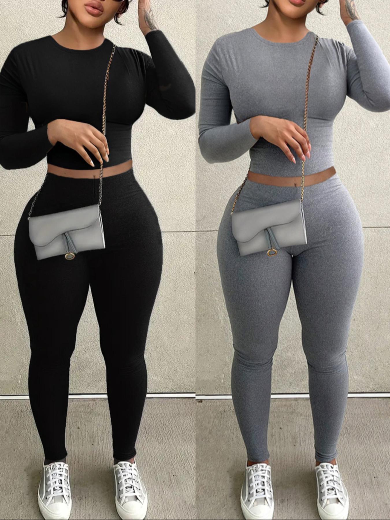 Women's Casual Long Sleeve Crop Top & Leggings Set, long johns, pantsuit, Plain Pattern, Fitted Design, Spring & Fall Fashion, Two-Piece Sportswear, Yoga Clothes Set