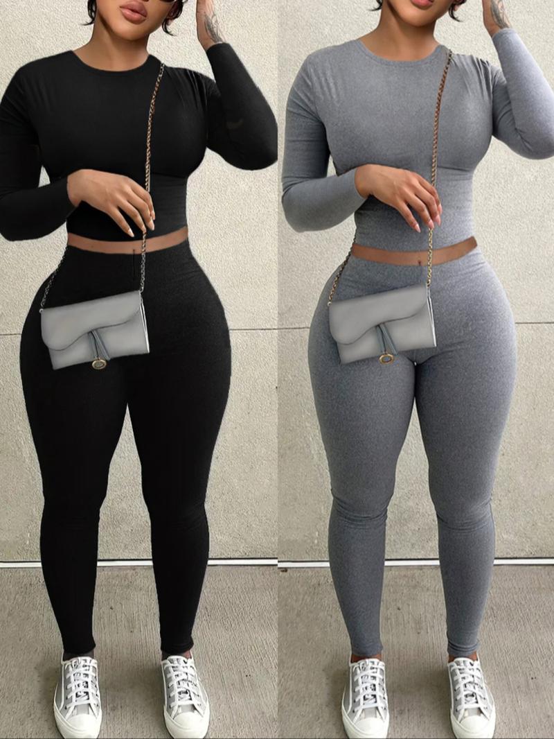Women's Casual Long Sleeve Crop Top & Leggings Set, long johns, pantsuit, Plain Pattern, Fitted Design, Spring & Fall Fashion, Two-Piece Sportswear, Yoga Clothes Set