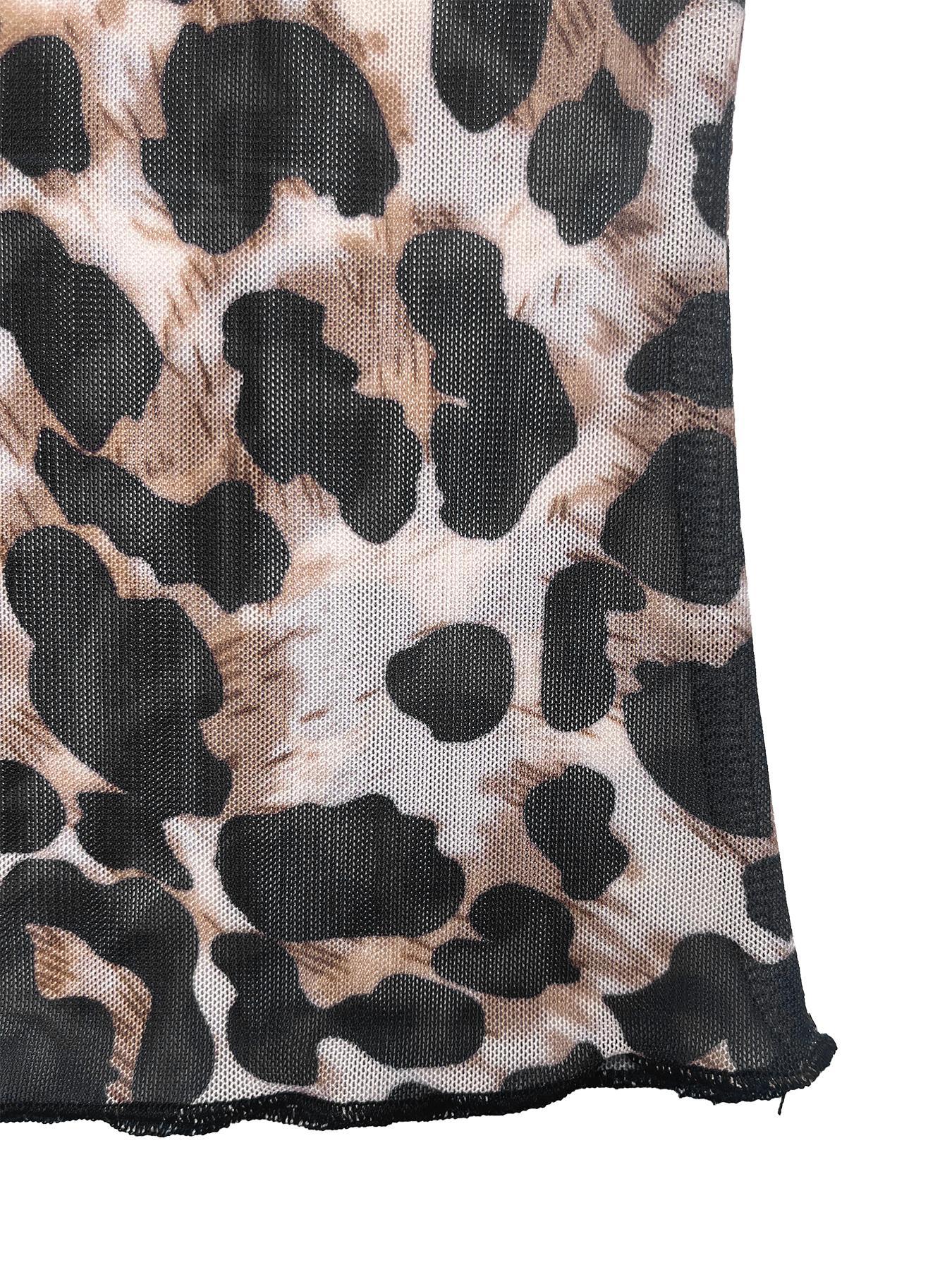 Elegant Sexy Leopard Print Sheer Mesh All-Over Printed Women's Top, Slim-Fitting Lightweight Summer Style for Casual Wear