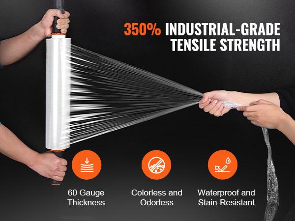 VEVOR Stretch Film, 15 inchesx 1000 feet, 4 Pack, 60 Gauge Industrial Strength Clear Durable Stretch Wrap Roll, Heavy Duty Shrink Film Stretch Wrap with Handles for Pallet Wrapping Shipping Moving