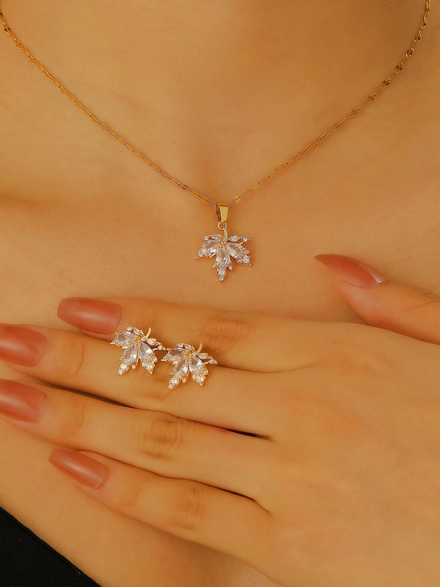 Maple Leaf Zircon Necklace Earrings Set, Elegant Jewelry for Women, Wedding Dinner Wear, Hypoallergenic, Sparkling, Skin-Friendly
