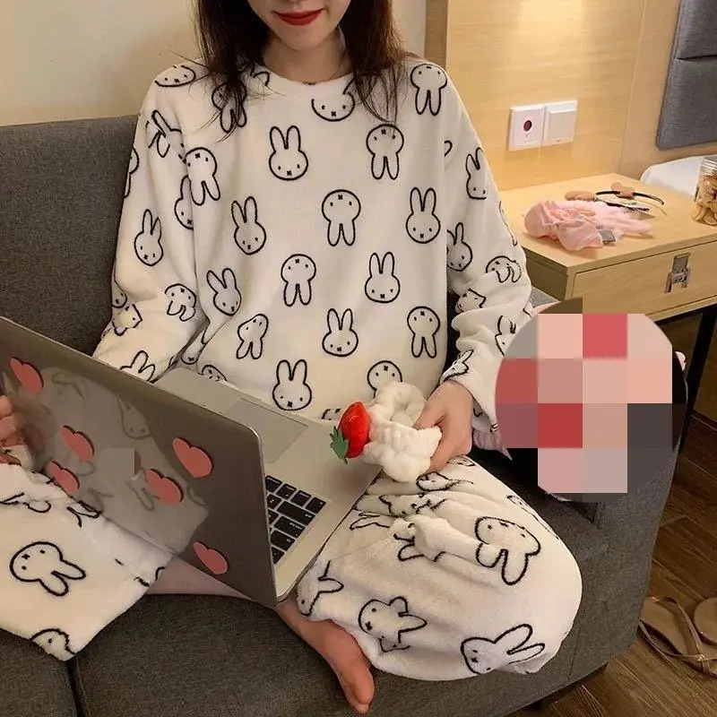 Kawaii Miffy Plush Pajamas Set Cozy Winter Long Sleeve Sleepwear Cute Cartoon Loungewear Home for Women Girls