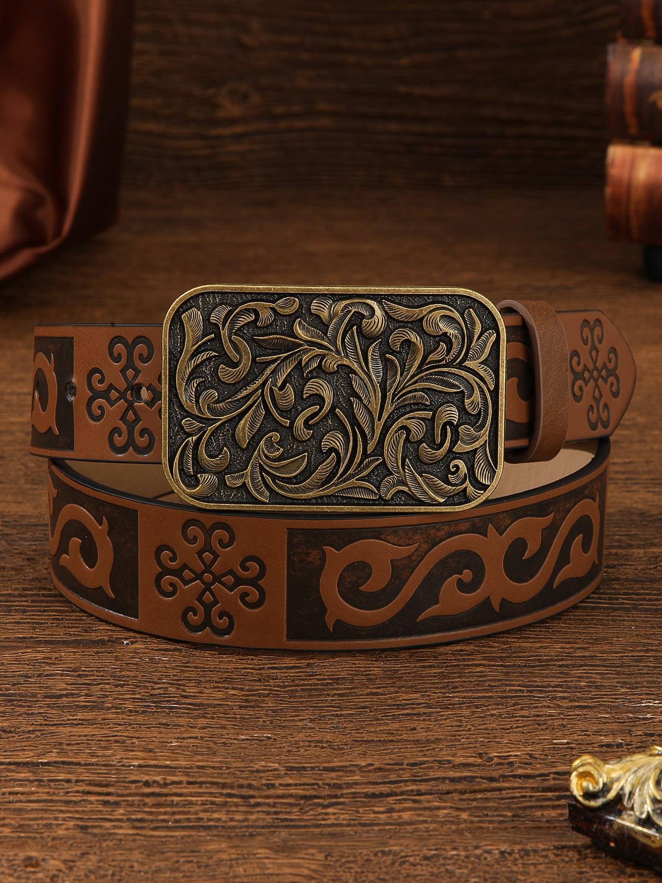 Boho Style Vintage Flower Embossed PU Buckle Belt, Fashionable Western Style Belt for Women & Men, Trendy All-match Belt for Birthday Gift for Outfit Matching, Elegant Belt Buckle, Western Concho Belts, Cowboy Cowgirl Belt