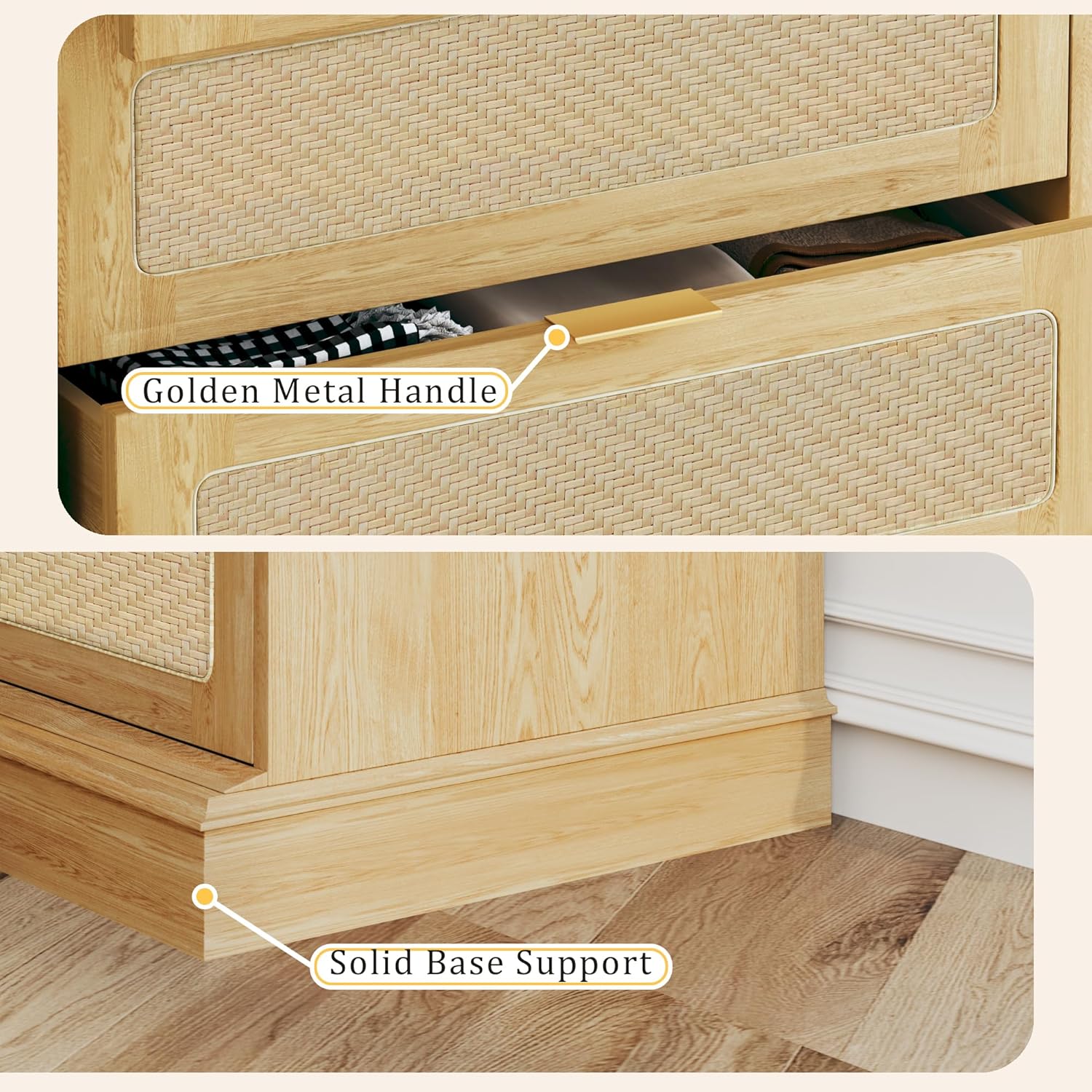 6-Drawer Tall Dresser with Woven Rattan Front – Boho Style Wood Chest of Drawers for Bedroom, Natural Finish Storage Organizer Cabinet