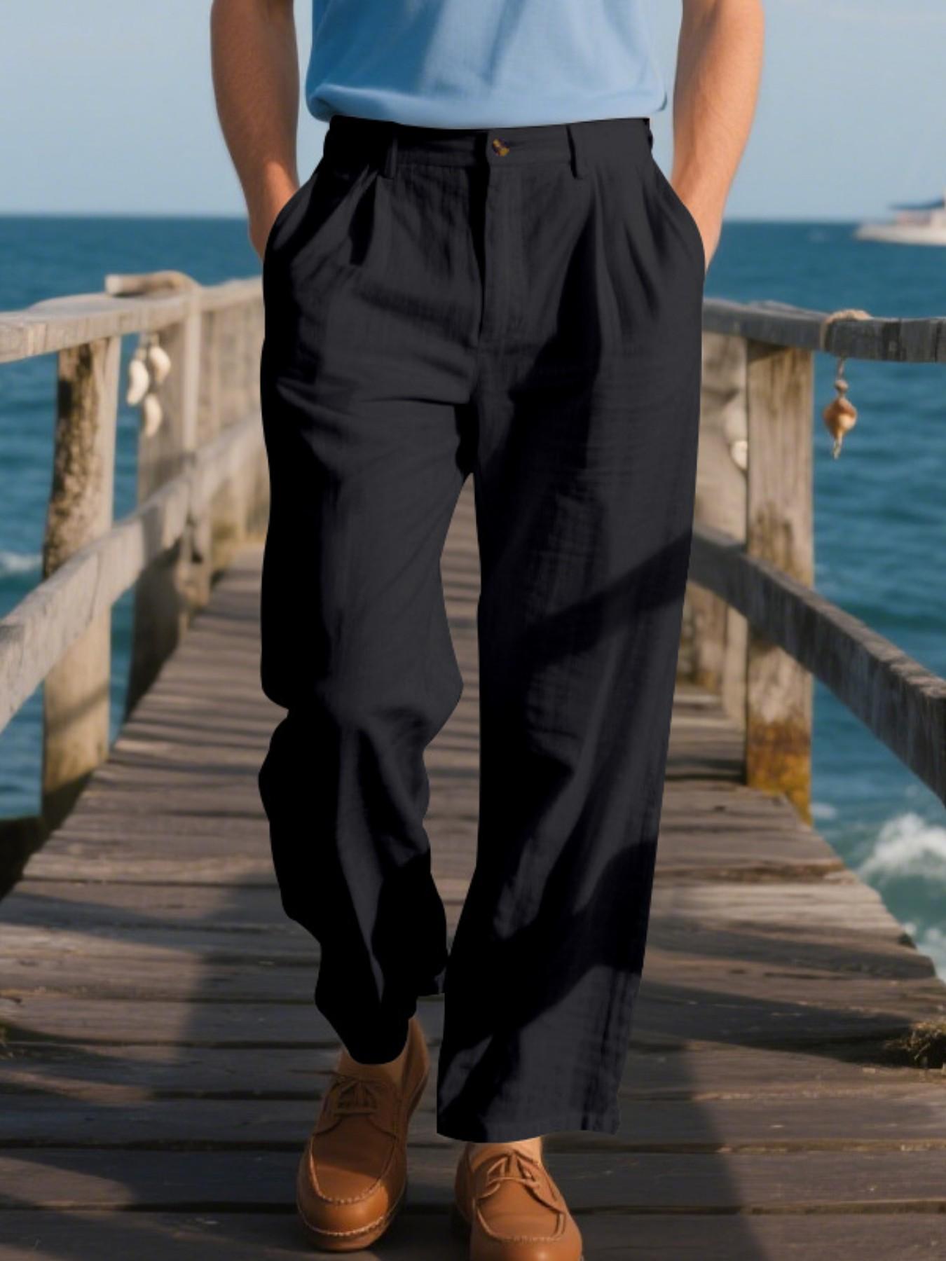 Men's Pleated Linen Breathable Straight Leg Casual Comfy Trouser, Single Button Front, Loose Fit, Relaxed Fit, Beach Vacation, Business, Solid Color, Multicolor