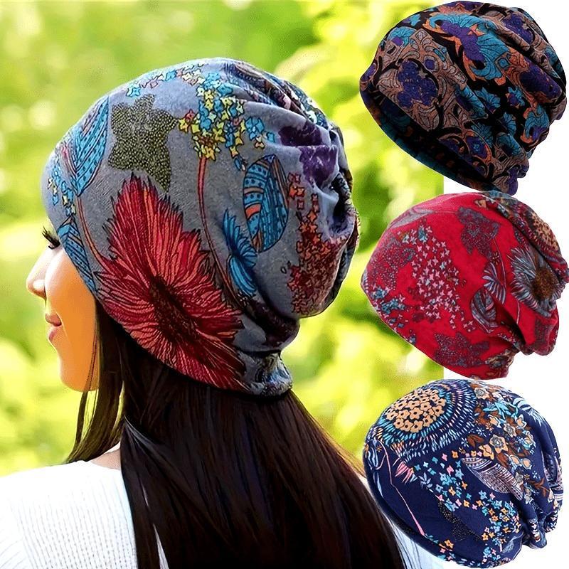 Women's 4-Piece Decorative Knit Fabric Head Covering Hats Set - Bohemian Floral Printed, Brimless, Elastic, Lightweight Multifunctional Fall Winter Warm Headscarf Neck Cover for Chemotherapy Patients