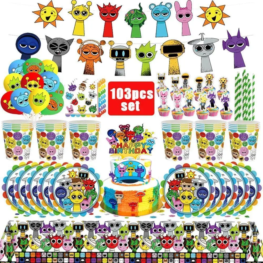 Sprunki Incredibox Game 103pcs Kit-1 Birthday Party Decorations & Tableware Set - Tablecloth, Plates, Cups, Balloons, Cake Toppers for Boys' Party Supplies