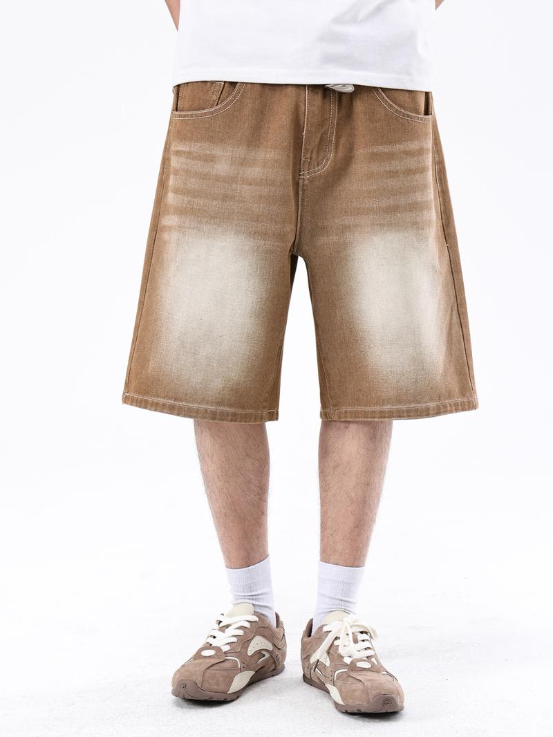 Men's basic light blue washed loose straight denim shorts, casual, versatile and comfortable. Non-stretchy denim shorts with a regular straight fit. Those who prefer a loose wearing feel can order one size larger.