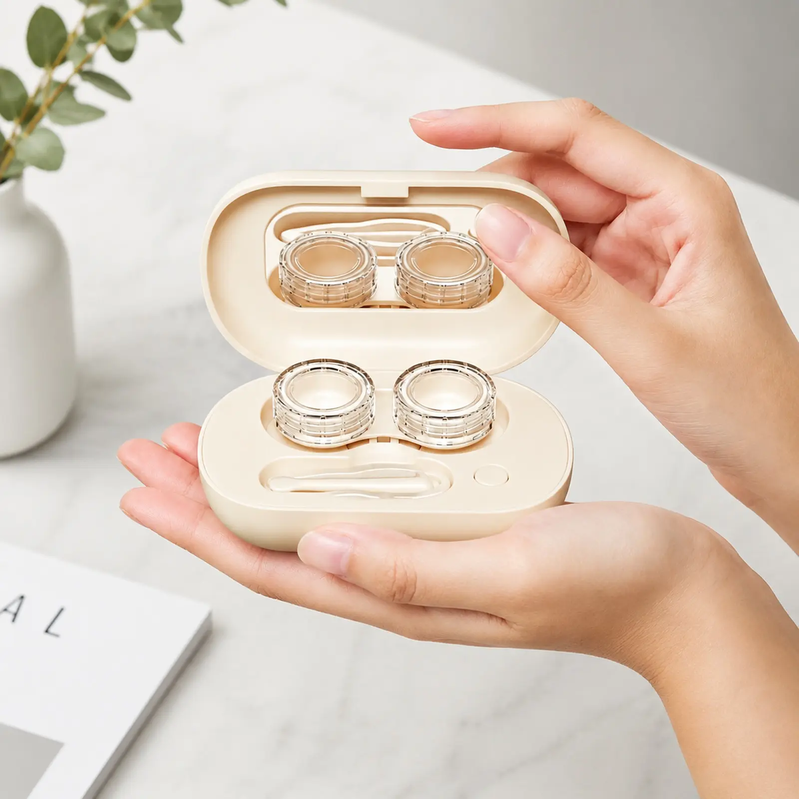 Portable‑Sized Leak‑Proof Magnetic Closure Pink Lens Travel Storage Box With Inner Vanity Mirror, Sealed Construction Minimizes Care Liquid Leakage For Daily Contact Lens Keeping.